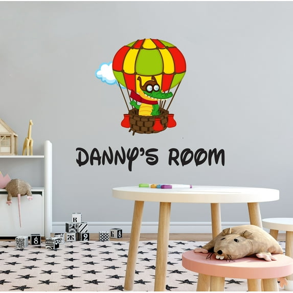 KIDS ROOM - Home Art Multicolored Hot Air Balloon Crocodile Balloon Pilot Decoration Personalized Name Design Removable Vinyl Kids Bedroom Wall Decal Sticker 10" x 9"
