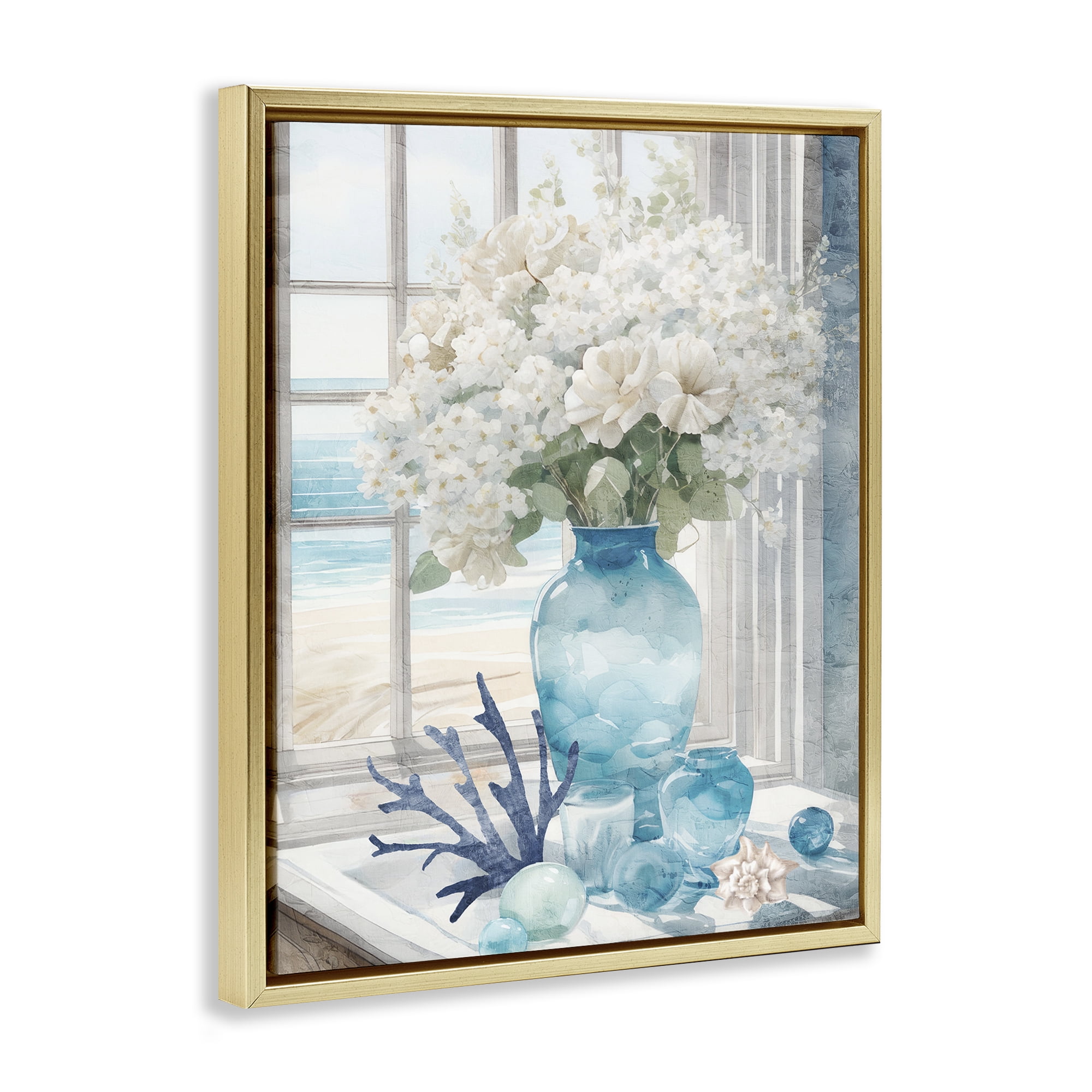 Stupell Industries Coastal Flower Vase Botanical & Floral Painting Gold Floater Framed Art Print Wall Art, 17 x 21