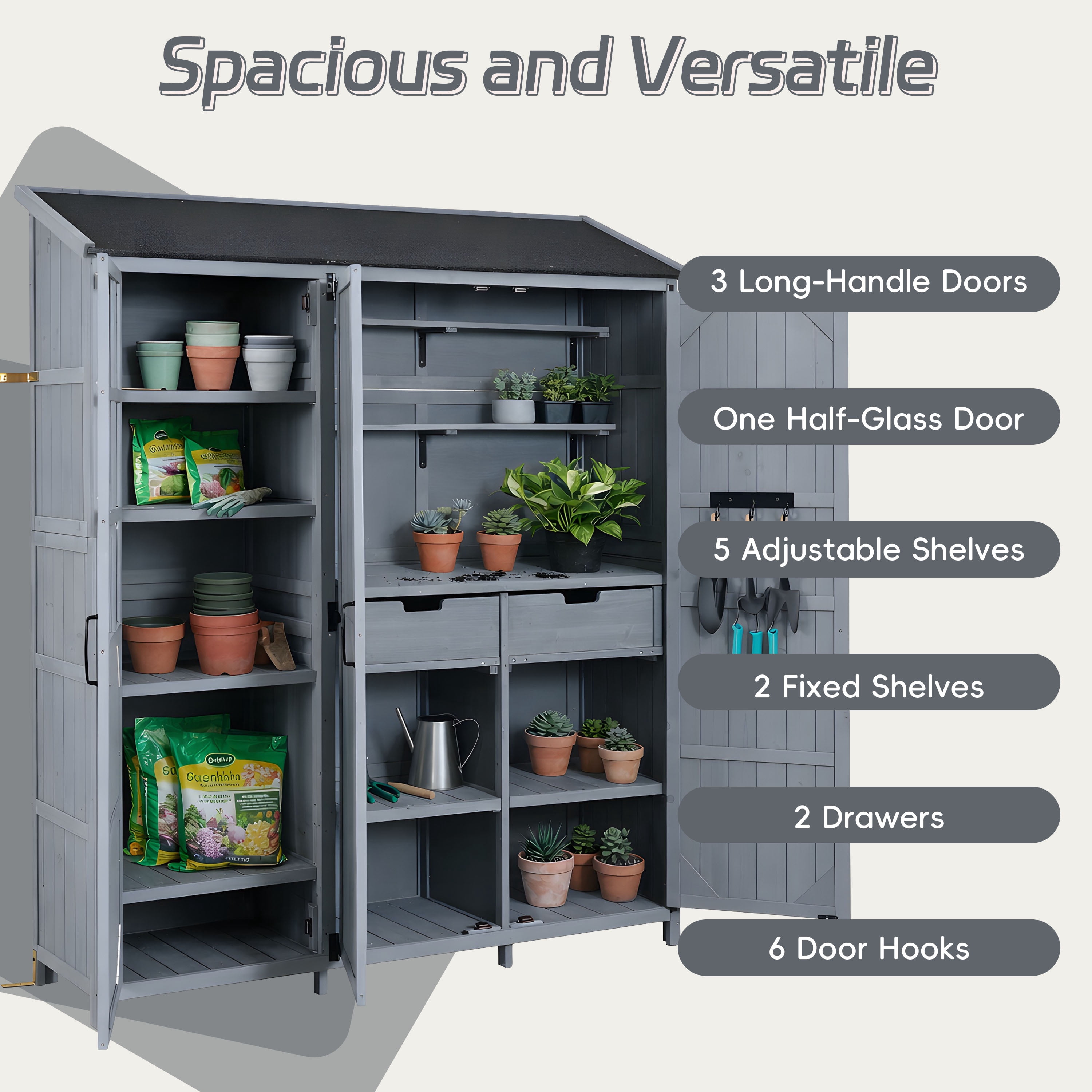 Harper & Bright Designs Patio Garden Shed Storage, Wood Outdoor Storage Cabine with Doors and Shelves Drawers, Tall Patio Shed with Workstation and Waterproof Roof for Backyard, Gray