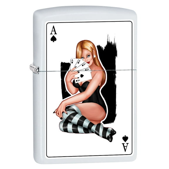 Zippo Lighter: Sexy Pin-Up Girl, Four Ace of Spades - White Matte 79554