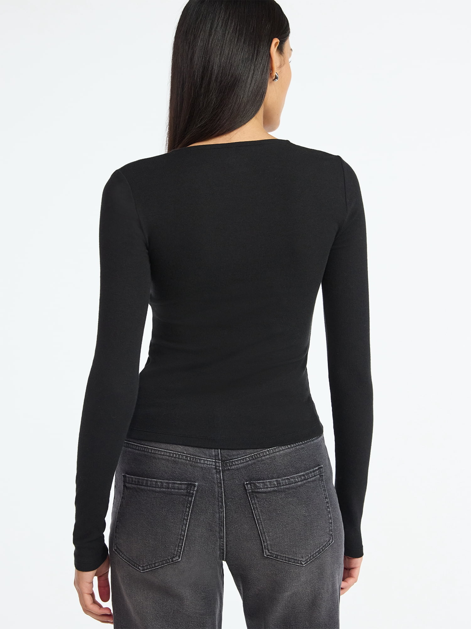 Scoop Women’s Ribbed Square Neck Top with Long Sleeves, Sizes XS-XXL