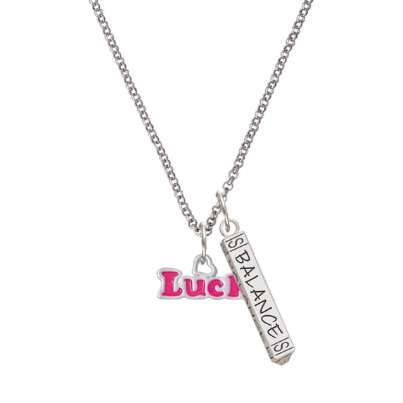 Delight Jewelry Hot Pink ''Luck'' with Heart Silvertone Balance Bar Charm Necklace, 23"