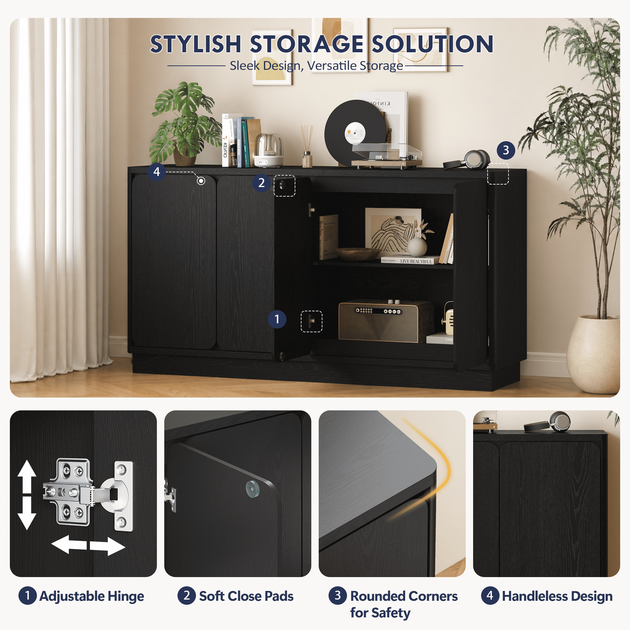 Mintazer 59.1"W Sideboard Buffet Cabinet with Adjustable Shelves, 4 Door Storage Credenza Cabinet for Dining Room Kitchen Living Room, Entryway, Black