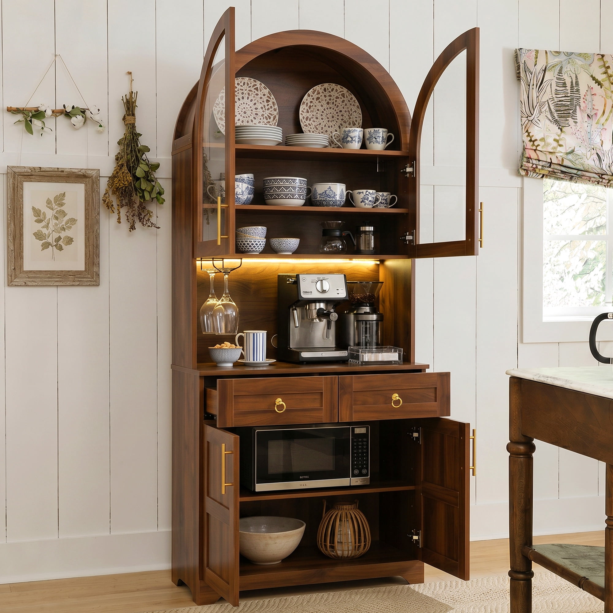 Euroco 74.8" Tall Arched Kitchen Pantry Cabinet,Farmhouse Arched Kitchen Storage Hutch with Glass Doors,2 Drawers,Adjustable Shelves,Power Outlet & LED Light,Freestanding Tall Cupboard,Walnut