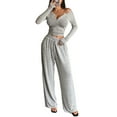 thumbnail image 3 of Women'S 2 Piece Matching Lounge Sets Long Sleeve Henley Neck Slightly Crop Top Wide Leg Pants Sweat Suit Gray L, 3 of 9