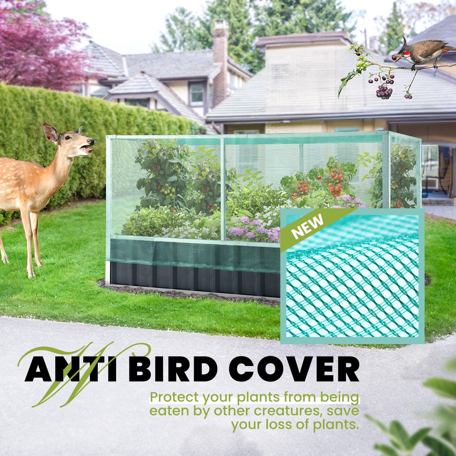 KING BIRD 68" x 36" x 34.6" Raised Garden Bed with Garden Anti Bird Protection Netting Structure, Galvanized Steel Metal Planter Kit Box