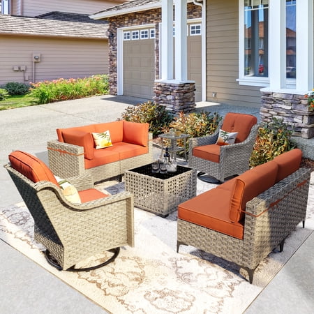 Vcatnet 8 Pieces Patio Outdoor Conversation Set All Weather Wicker Furniture Swivel Rocking Chairs Sofa Set with Solar Lamp Coffee Table Coarse Orange Red