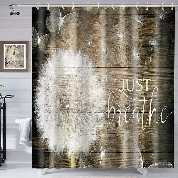 Rustic Shower Curtains for Bathroom Dark Brown Curtain Set with Dandelion Just Breathe Signs Waterproof Fabric Decorative Bath Farmhouse Decor-72"W x 96"L (Pack of 1)