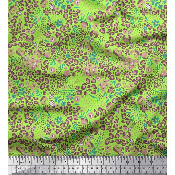 Soimoi Green Cotton Cambric Fabric Floral & Leopard Animal Skin Fabric Prints By Yard 42 Inch Wide