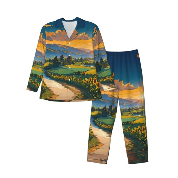 Fotbe Sunflowers At Sunset Pijama de Hombre con Estampado de Manga Larga, Conjunto de 2 Piezas, Ropa de Dormir Suave y Cómoda con Bolsillos-Small
