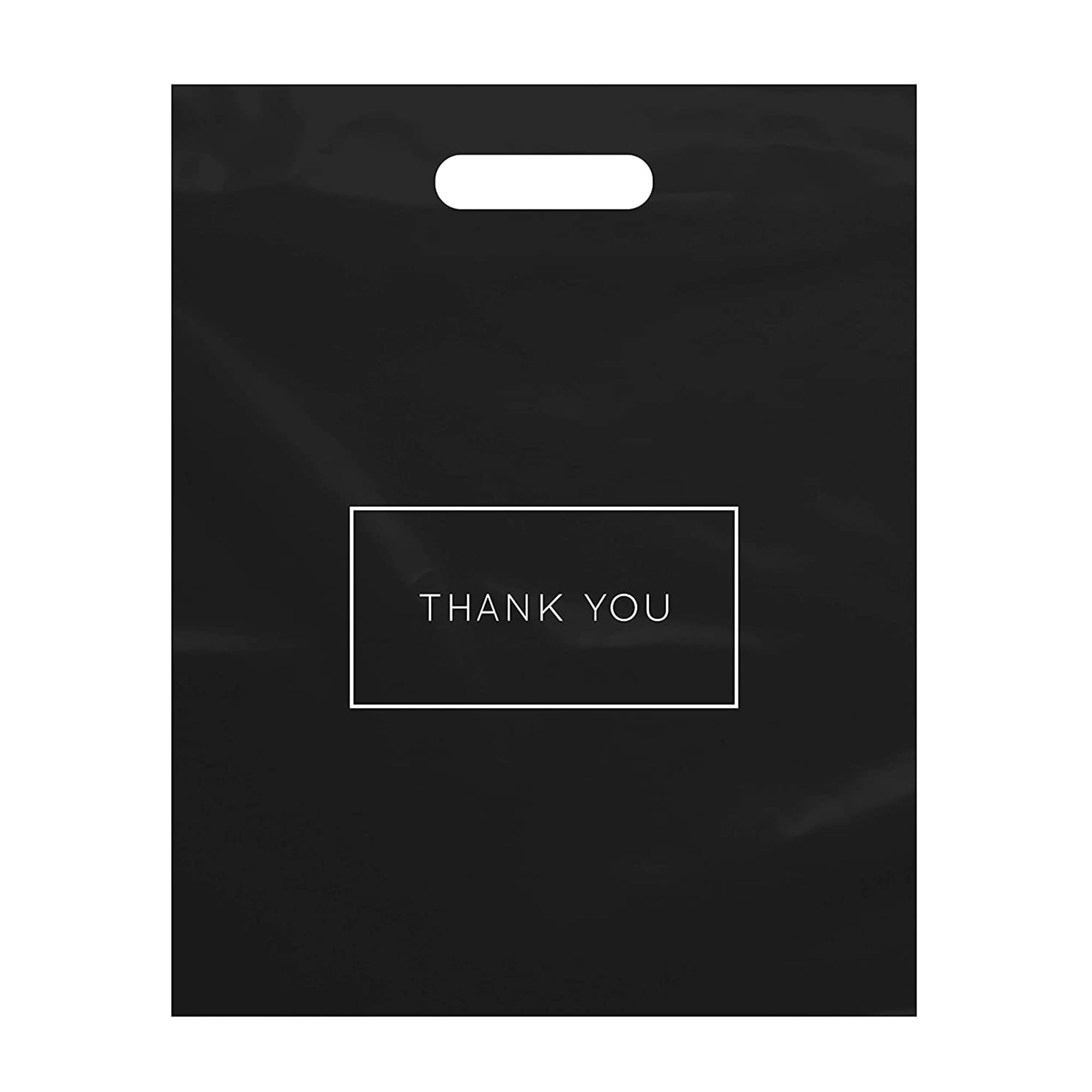 Purple Q Crafts Die Cut Plastic Shopping Bags Thank You Bags with Handles, Black 100Pack