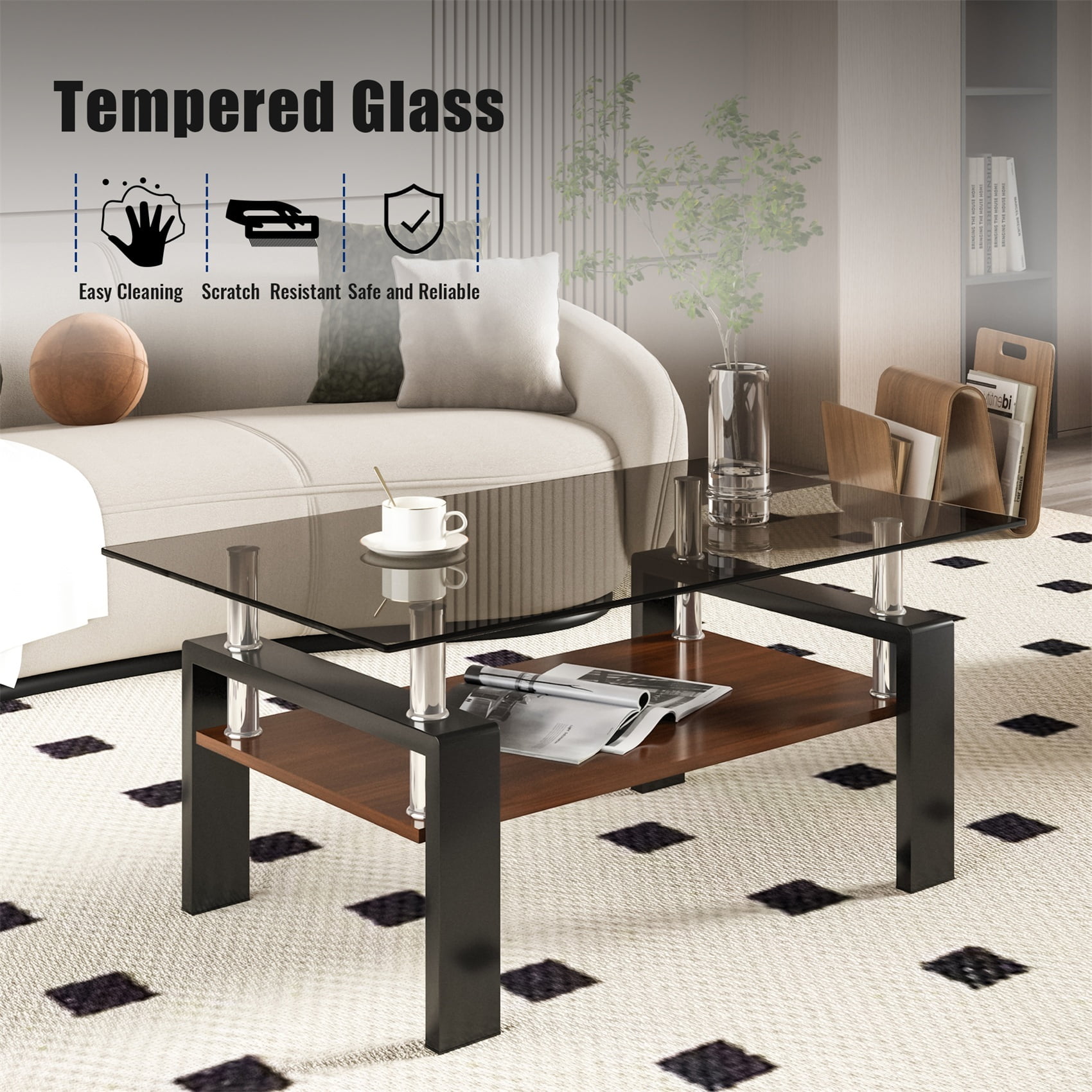 Alvantor Modern Glass Coffee Table with MDF Layer, 38.6" Brown
