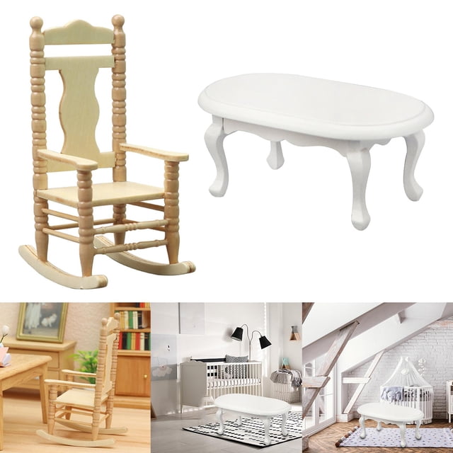 2x Teatable & Rocking Chair Escena de Vida Suministros de Sala de Estar Decoración perfke Casa de muñecas en miniatura