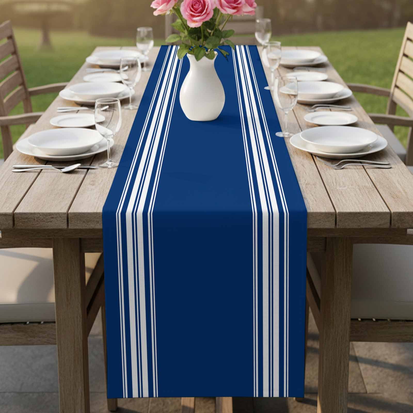 Blue Striped Table Runner, Farmhouse Blue White Stripes Washable Cotton Linen Table Runners 108 Inches Long, Dresser Scarf Runner for Dining/Living Room/Kitchen/Square Tables 13''x108''