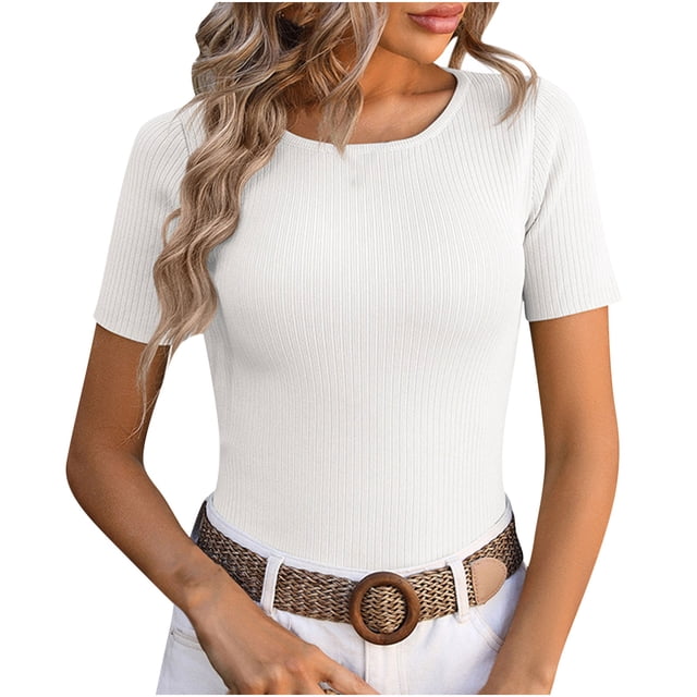 AherBiu Crop Tops for Women Crew Neck Short Sleeve Slim Ribble Knit Blouse Going out Tops for Women