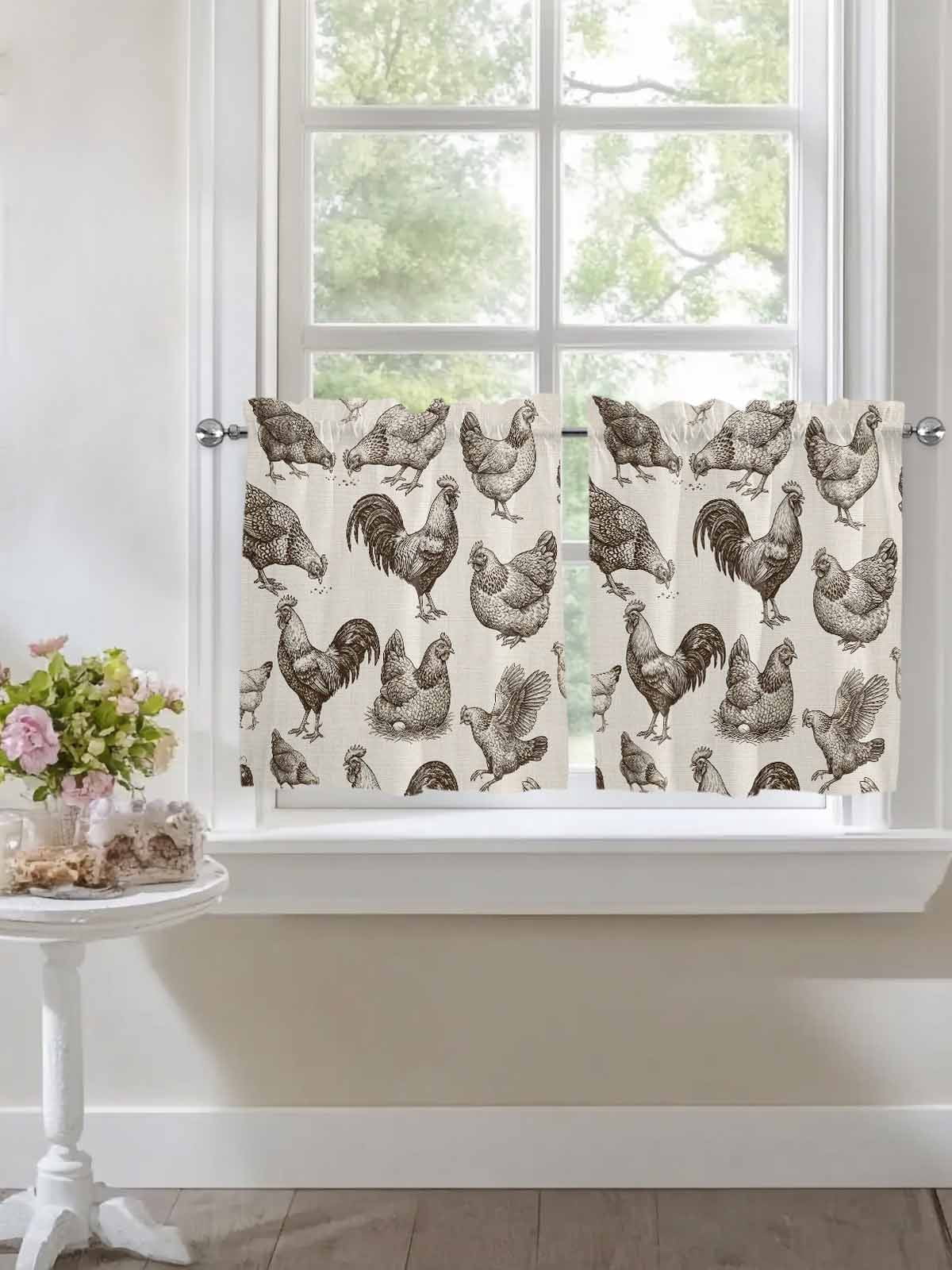 Farmhouse Rooster Kitchen Curtains Tier 24 Inch Length, Rustic Animals Vintage Linen Rod Pocket Light Filtering Window Curtains Living Room Bedroom Curtain Drapes Cafe Curtain 27.5''x24''x2