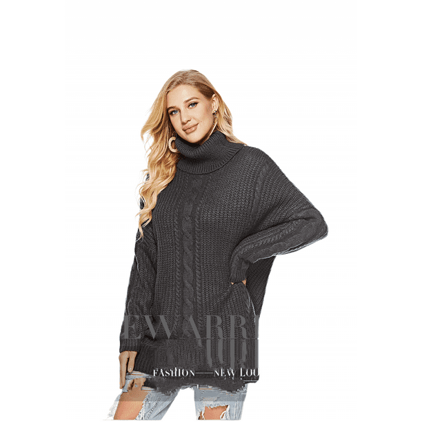 Women Cowl Neck Pullover Sweater Oversized Cable Knit Slouchy Baggy Loose Sleeve Jumper