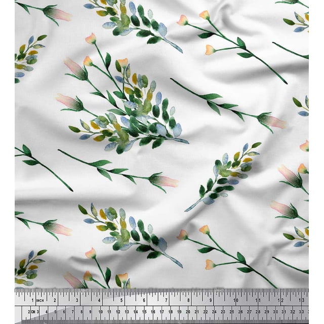 Soimoi White polyester Crepe Fabric Leaves & Tulip Floral Decor Fabric Printed Yard 42 Inch Wide