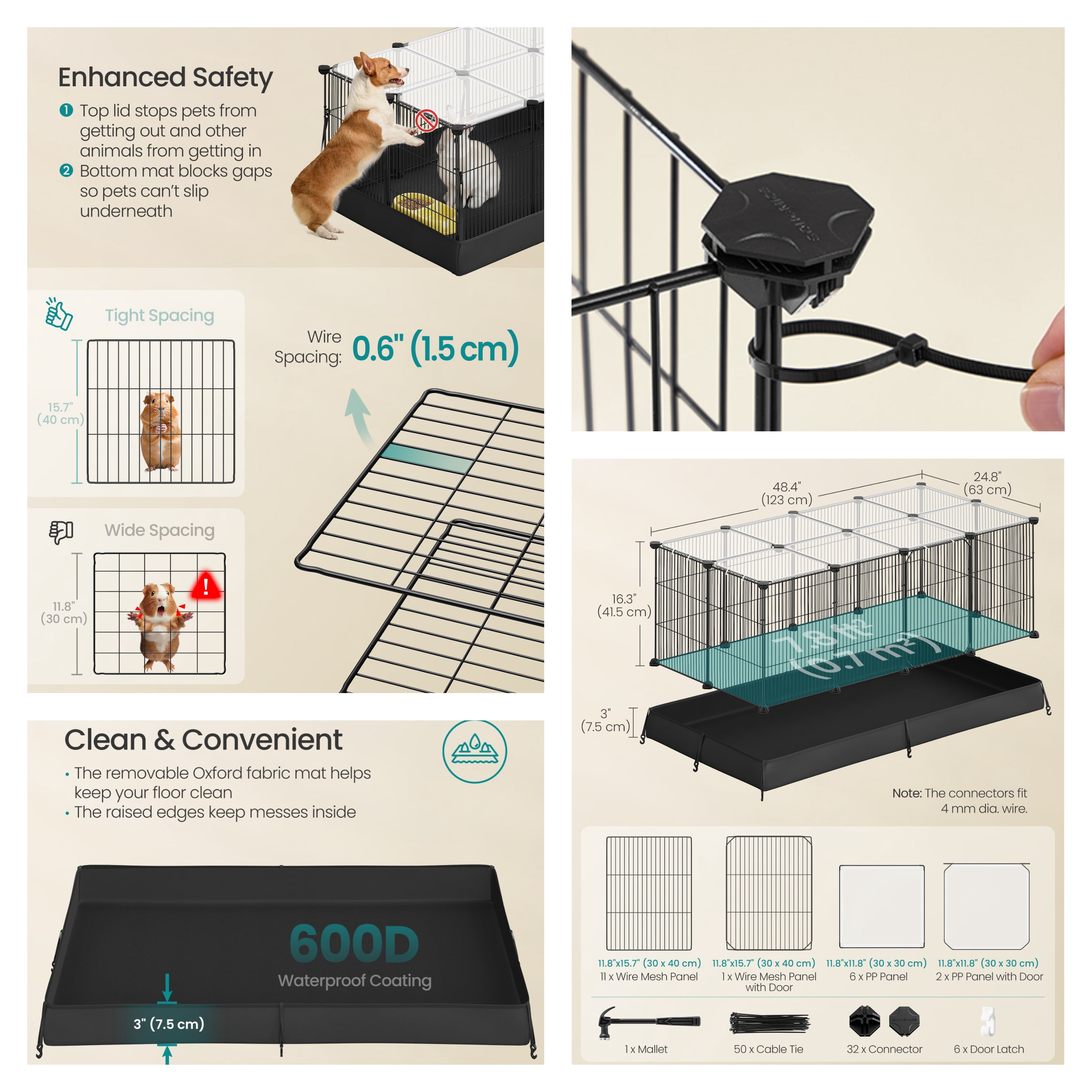 LEDREM 20-Panel Guinea Pig Cage with Waterproof Mat, Small Animal Playpen with Top & Side Doors, for Rabbits, Hamsters, 48.4 x 24.8 x 16.3 Inches, Ink Black