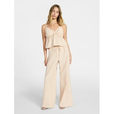 No Boundaries Striped Seersucker Ruffle Cami and Drawstring Pants Set, 2-Piece, Women's XXS-4X