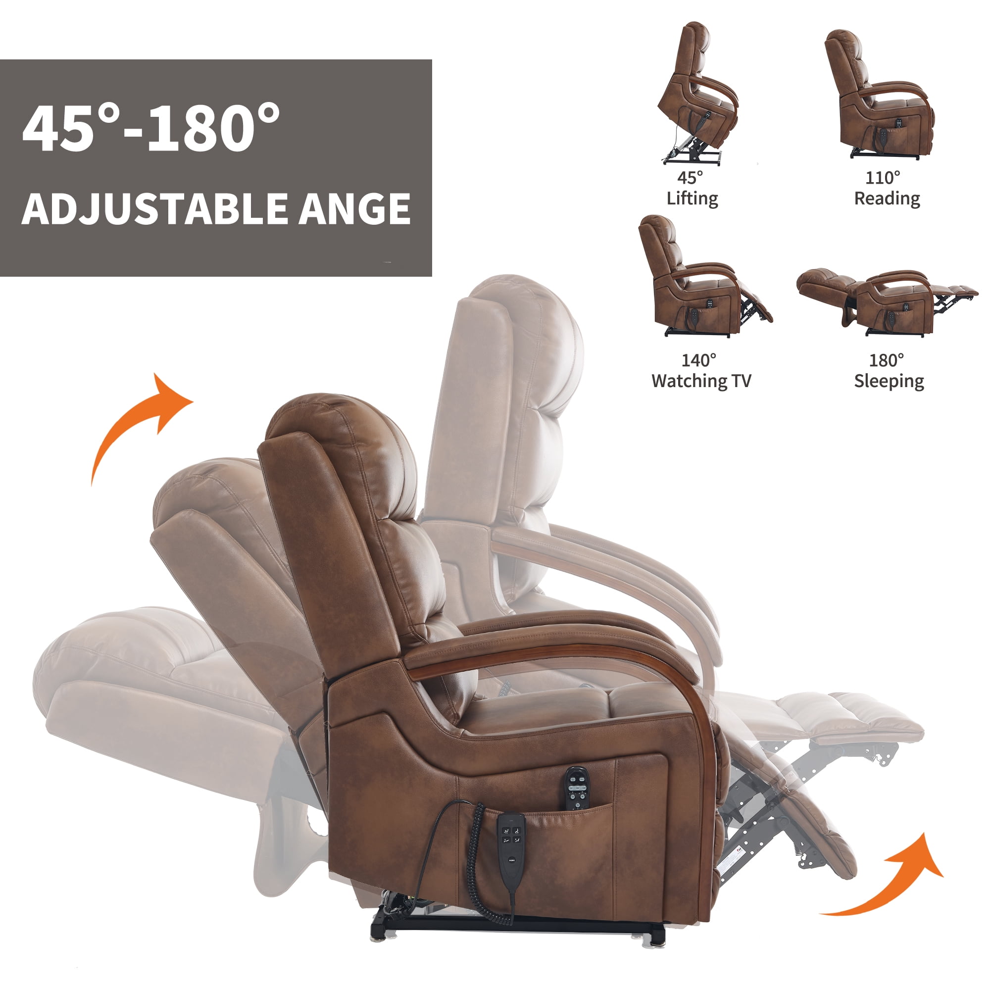 Gewnee Power Lift Recliner Chair with Heat and Massage,Lay Flat Assist Recliner with Side Pocket & Solid Wood Armrest,Lift Chair for Living Room.Brown PU