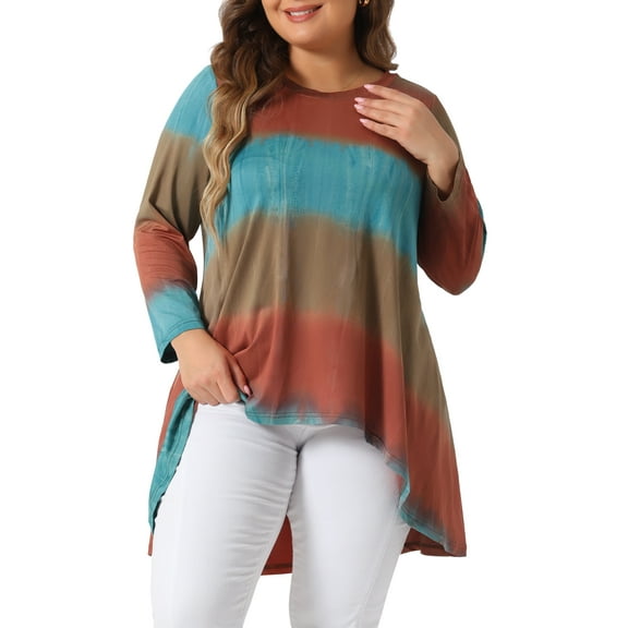 Unique Bargains Women' Plus Tie Dye High Low Tunic Tops Tee Shirts 1X Orange