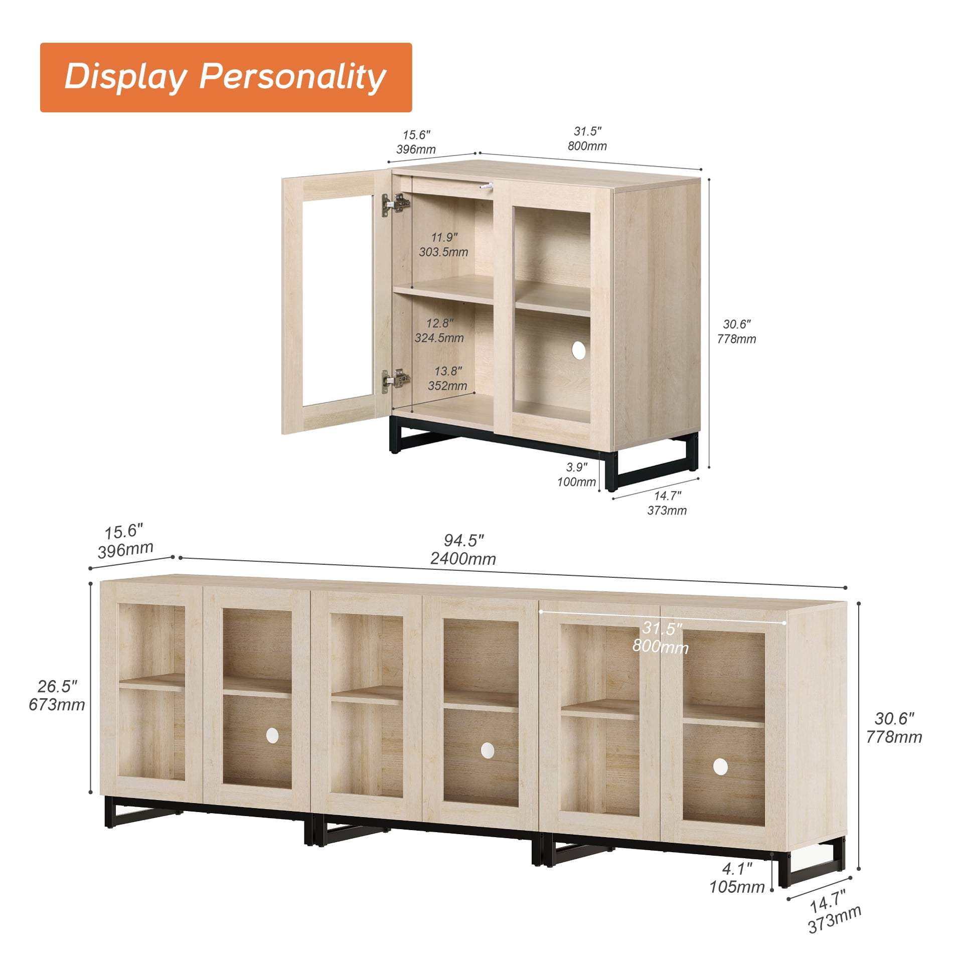 WAMPAT 3-in-1 Multifunctional Sideboard Buffet Cabinet with 6 Glass Doors and Adjustable Shelf Coffee Bar Storage Cabinet for Living Room Kitchen,Beige