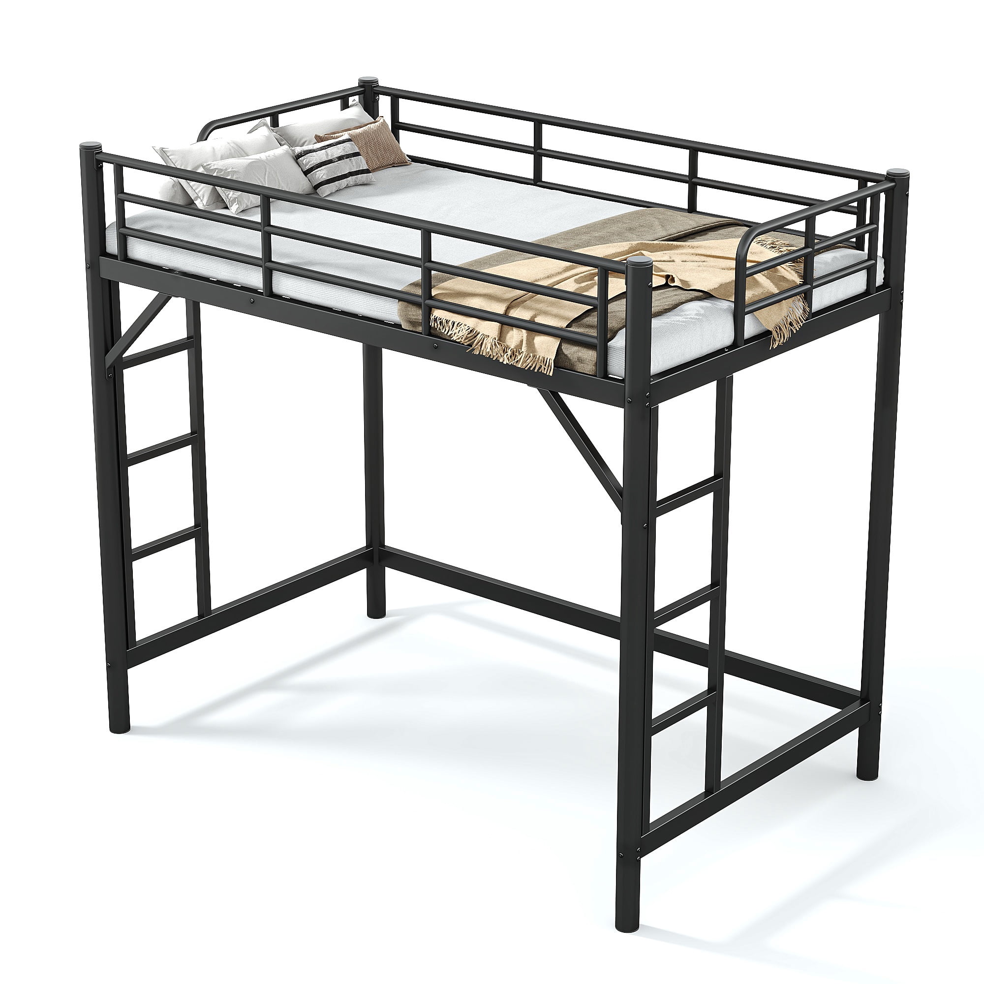 Mintazer Twin Metal Loft Bed Frame with Side Ladders & Guardrails for Teens Adults, No Box Spring Needed, Black