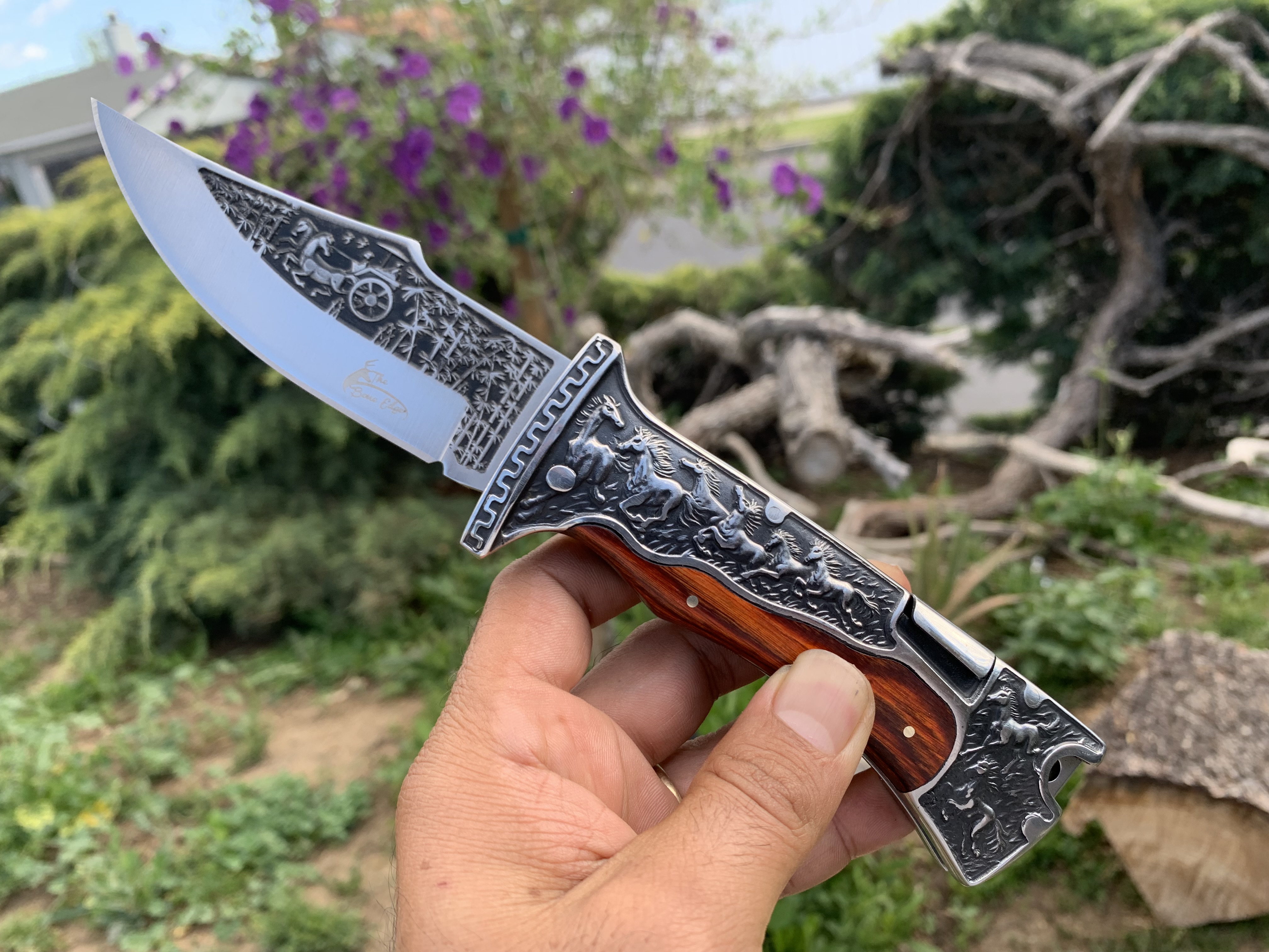 9" Engraved Hunting Folding Open Blade Pocket Knife Wood Handle 3CR13 Steel