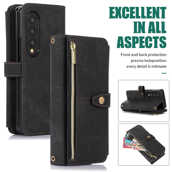 Fashion Case for Samsung Galazy Z Fold 4 7.6" 2023, Wear-resistant PU Leather Case Zipper Wallet Detachable Crossbody Lanyard Shockprood Shock Resistant Folding Cover, Black