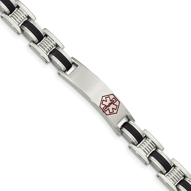 Stainless Steel Red Black Rubber Medical Alert Id 8 Inch Link Bracelet