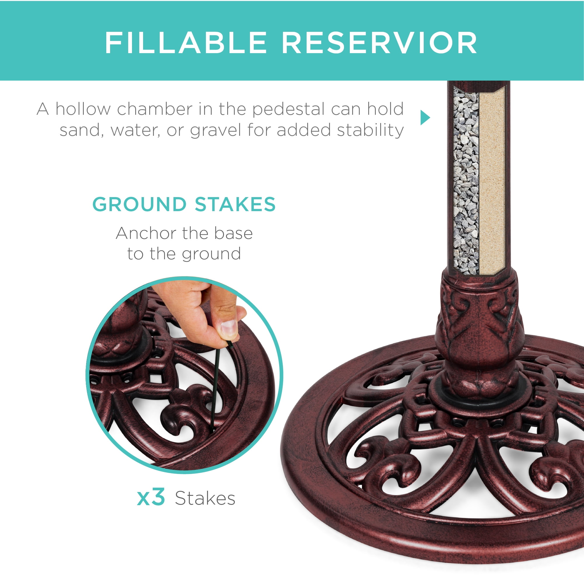 Best Choice Products Outdoor Rustic Pedestal Bird Bath Accent for Garden, Yard w/ Fleur-de-Lis Accents - Cherry Red