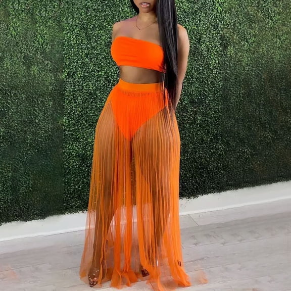 Herrnalise Women's 2 Piece Maxi Dress Summer Mesh See Though Sexy Beach Strapless Tops and Pleated Maxi Skirts Orange