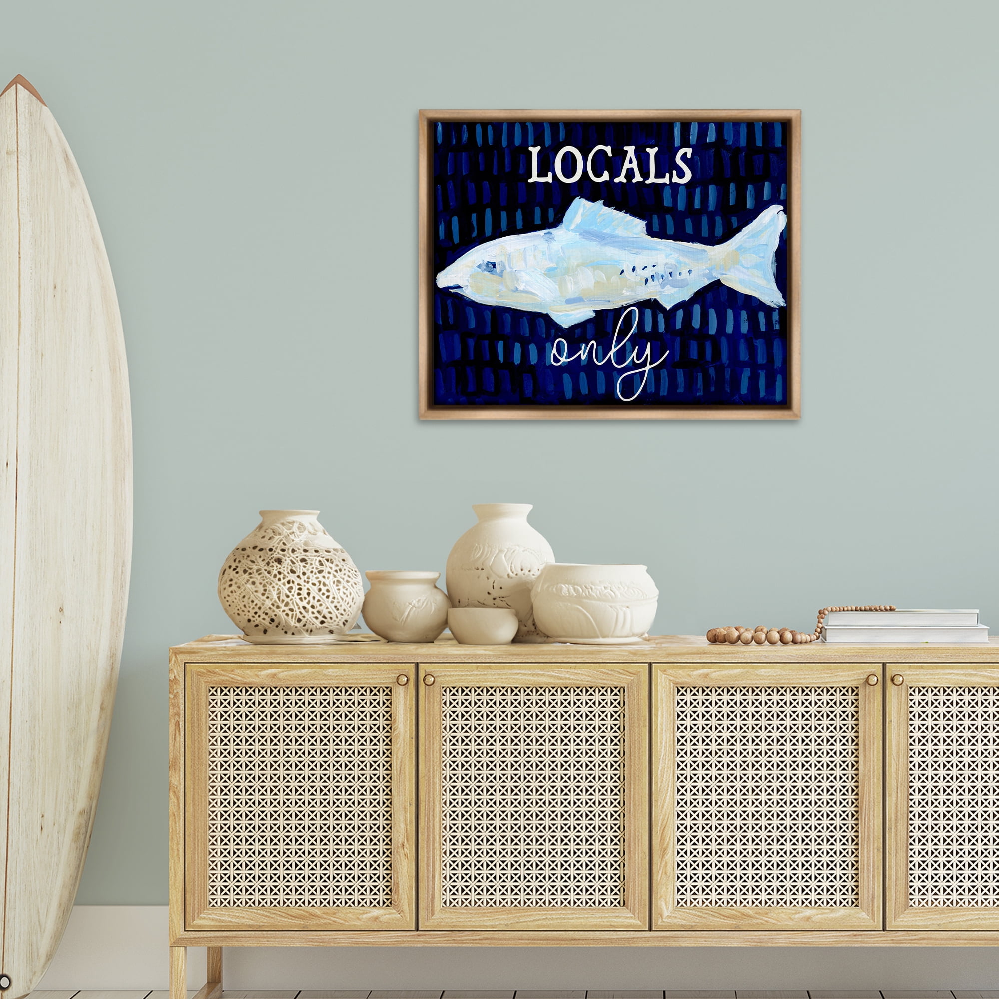 Stupell Industries Locals Only with Fish Animals & Insects Painting Brown Floater Framed Canvas Art Print Wall Art, 31 x 25