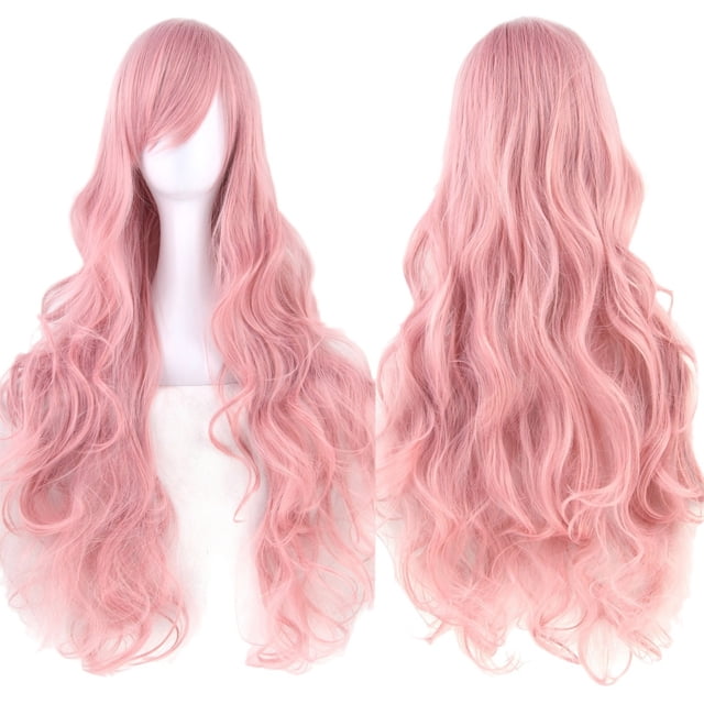 Peluca de cosplay rosa larga y rizada de 80 cm con flequillo lateral para todas las edades