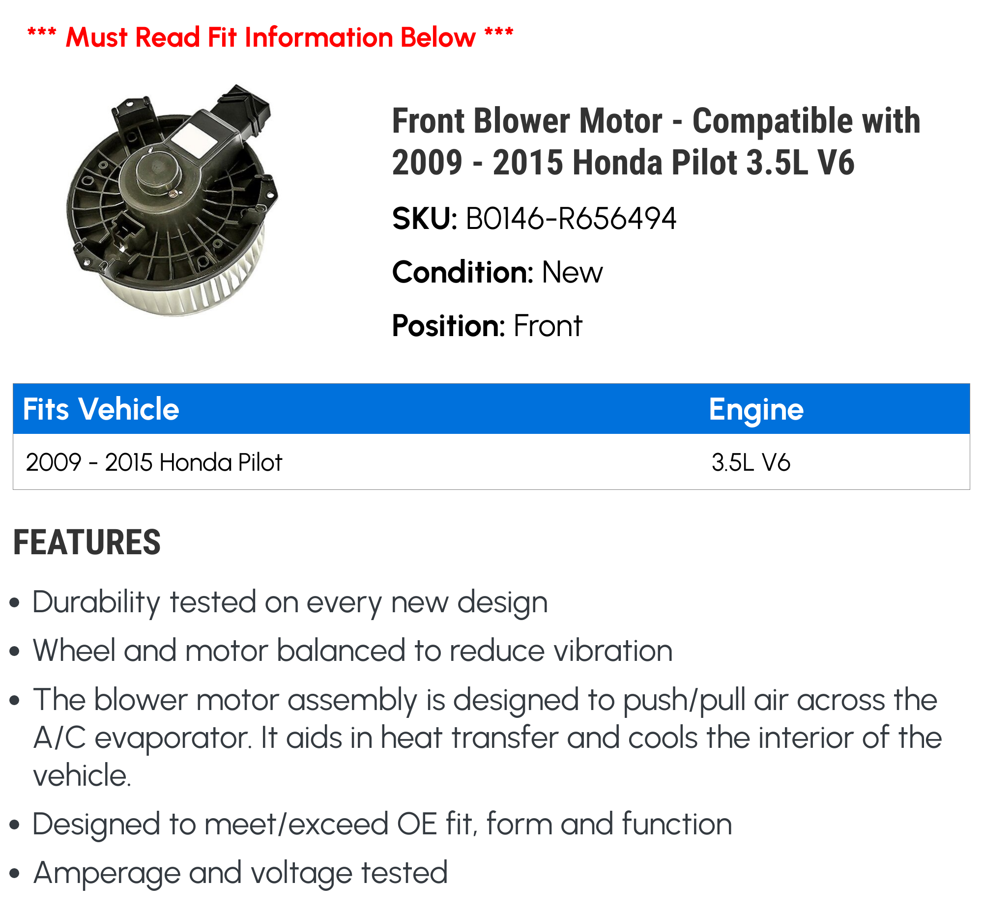 Front Blower Motor - Compatible with 2009 - 2015 Honda Pilot 3.5L V6 2010 2011 2012 2013 2014