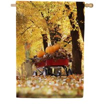 America Forever Pumpkin Wagon House Flag, 28 x 40 inches Double Sided, Pumpkin Harvest, Fall Leaves, Red Wagon with Pumpkins, Fall Outdoor Seasonal Flags Decorative for Yard, Lawn, House Decor