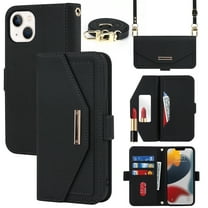 Compatible with iPhone 14 Wallet Case, Premium PU Leather Card Slots Removable Adjustable Crossbody Strap Magnetic Leather Case with Kickstand & Make-up Mirror for iPhone 14 6.1", Black