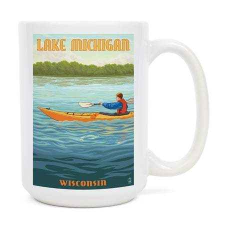 

15 fl oz Ceramic Mug Lake Michigan Wisconsin Kayak Scene Dishwasher & Microwave Safe