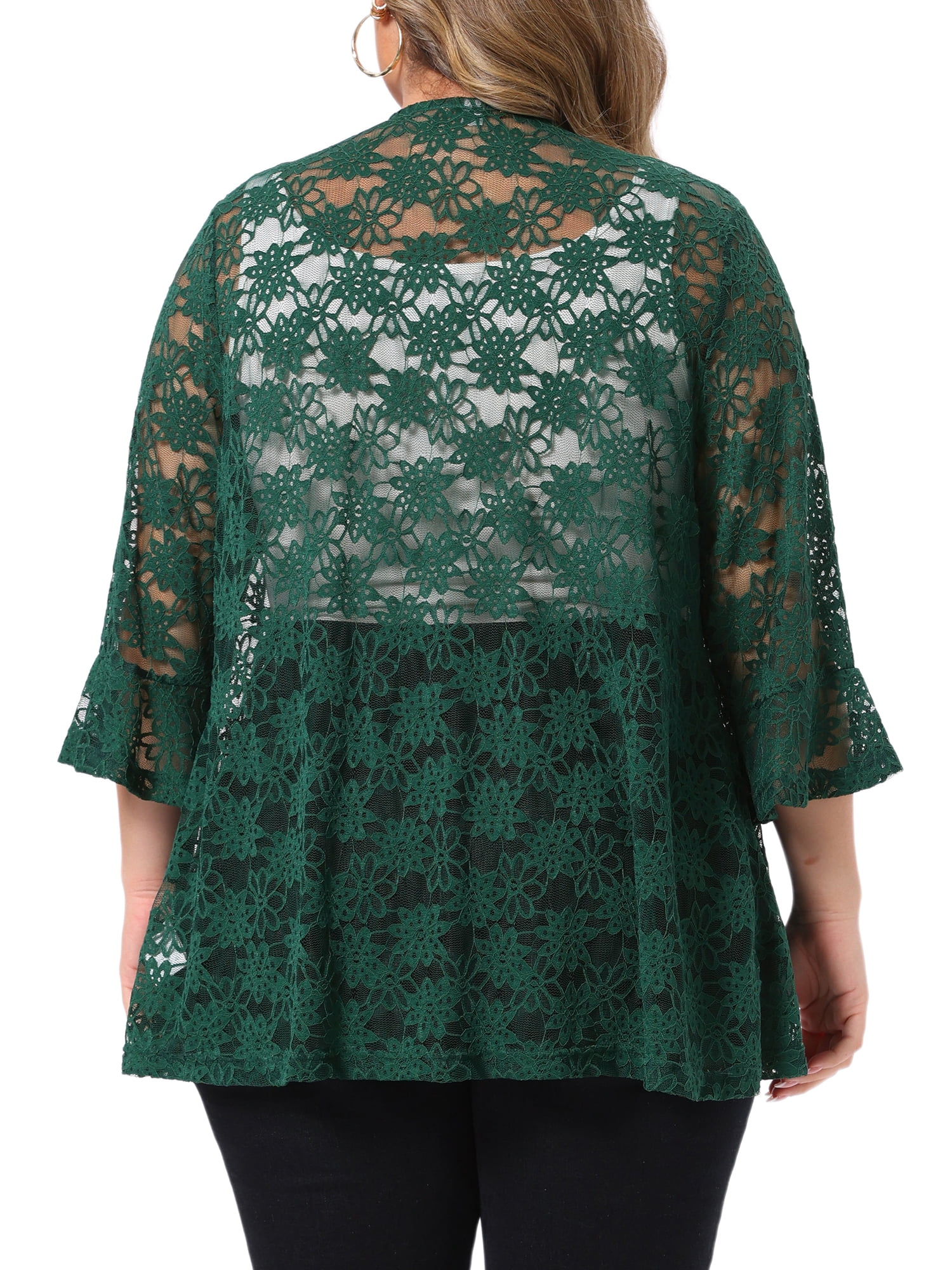 DARING DIVA Women's Plus Size Casual Open Front 3/4 Sleeve Sheer Lace Cardigan 4X Green