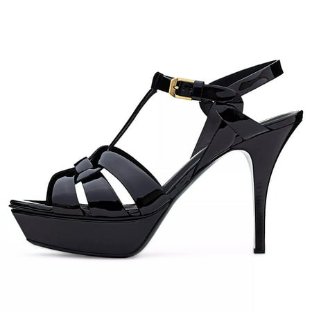 

FSJ Women Strappy Platform Round Open Toe Stiletto High Heel Sandals Summer T-Strap Solid Color Shoes Comfortable Dress for Lady Size 13 Black