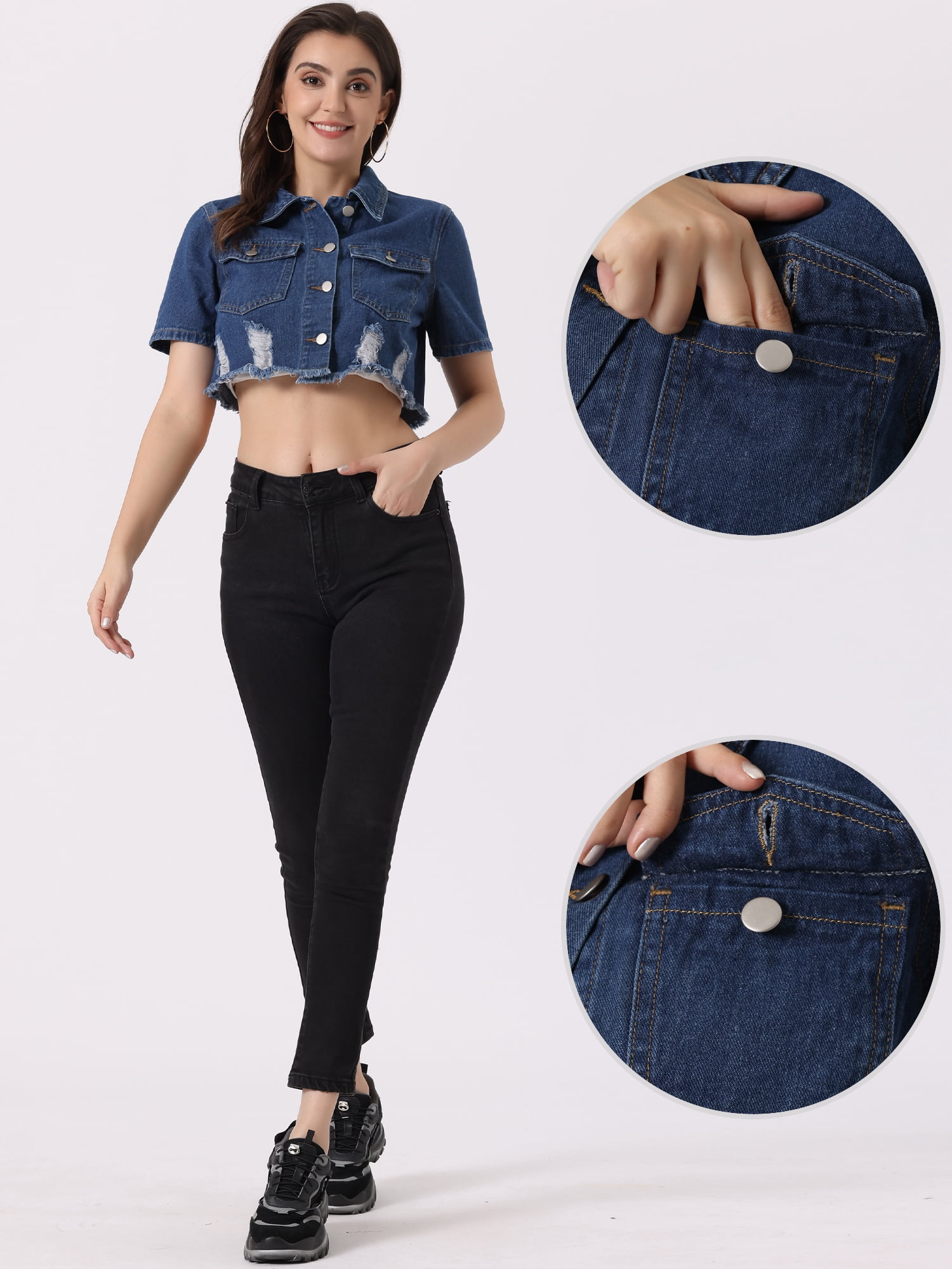 DARING DIVA Women's Collared Frayed Jean Denim Crop Jackets XL Blue