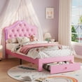 thumbnail image 1 of Garvee Twin Velvet Upholstered Platform Bed with LED Lights, Crystal Button Headboard, Storage Drawer, No Box Spring Needed, Princess Bed, Pink, 1 of 8