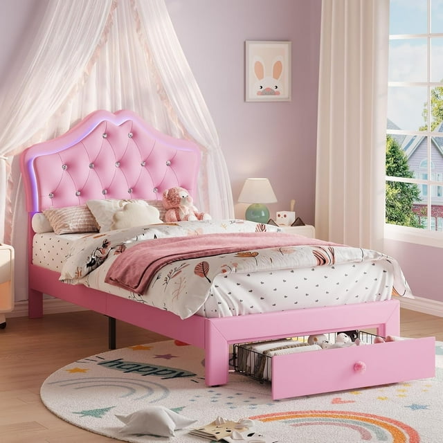 Garvee Twin Velvet Upholstered Platform Bed with LED Lights, Crystal Button Headboard, Storage Drawer, No Box Spring Needed, Princess Bed, Pink