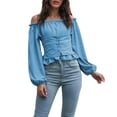 thumbnail image 1 of Camisa de manga abullonada, Tops largos con hombros descubiertos para mujer, Tops con mangas abullonadas y hombros descubiertos, diseño aerodinámico, 1 of 6
