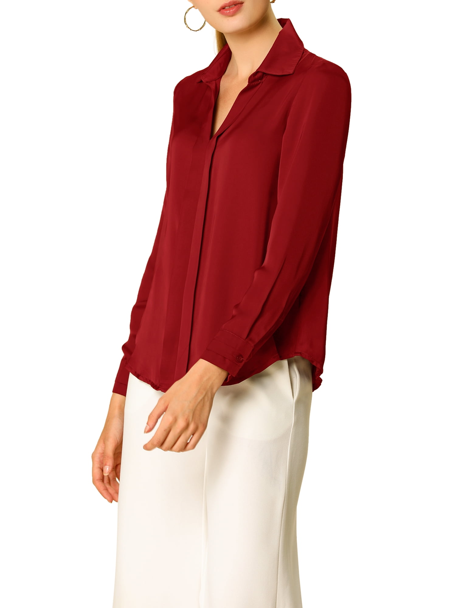 DARING DIVA Women's V Neck Classic Work Office Long Sleeve Shirt M Red