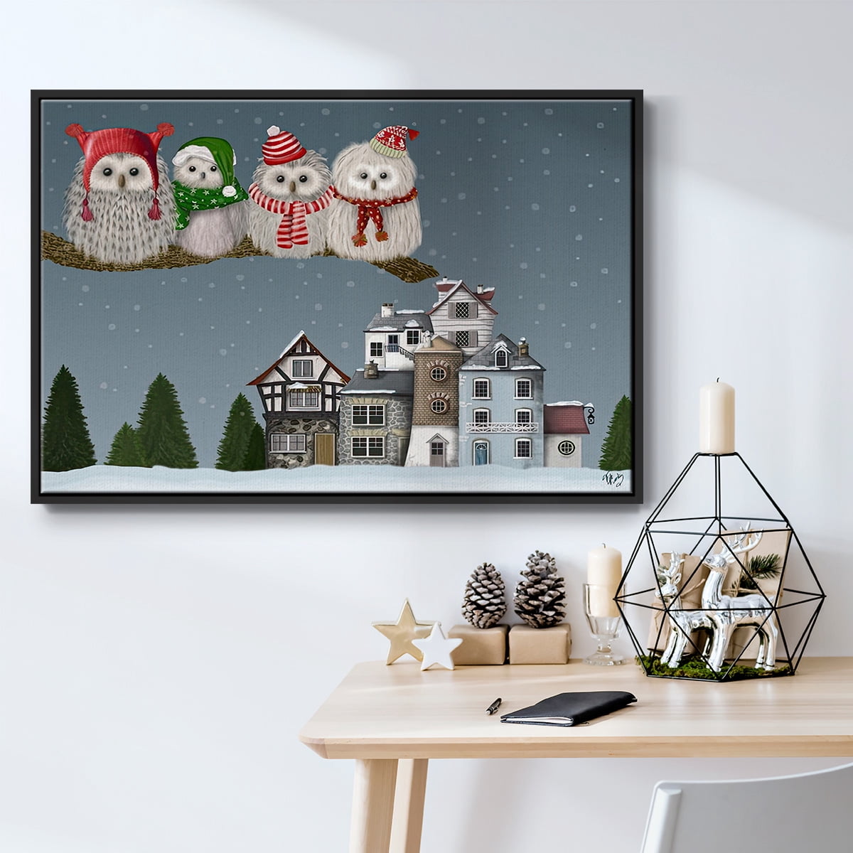 Christmas Christmas Owl Village - Framed Gallery Wrapped Holiday Canvas - 27 x 41 - Black Frame