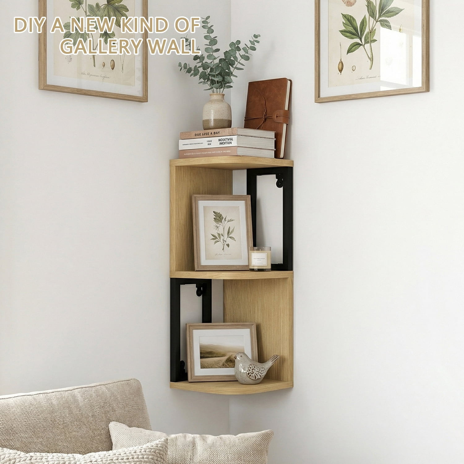 Demi Bonn L-Shaped Corner Wall Mounted Floating Shelves, Light Wood & Black Metal Frame, Invisible Bracket Anti-Sag Solid Wood Shelving for Bathroom Kitchen Living Room