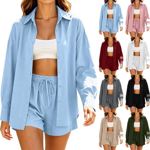 Aofany Short Sets for Women Long Sleeve Shirt Shorts 2 Piece Summer Beach Vacation Outfits Lounge Set