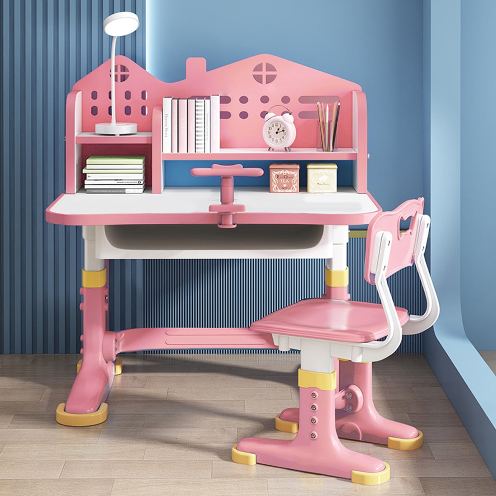 JNXYL Kids Study Desk and Chair Set Height Adjustable Children Table Large Writing Board Desk , Pull Out Drawer, Bookstand (Pink)